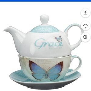 Grace Teapot and Cup Set with Butterfly Design - Blue and White